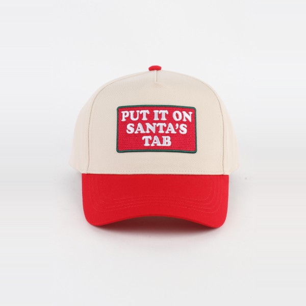 'Put It On Santa's Tab' Embroidered Patch Two Tone Baseball Cap  

- One Size Fits Most
- Snap Back Closure
- 100% Cotton