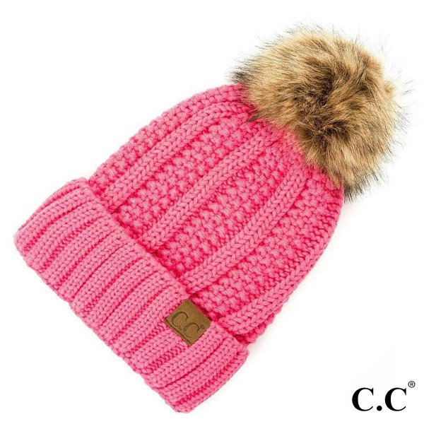 C.C YJ-820 
Fuzzy Lined Knit Beanie With Faux Fur Pom

- One Size
- 100% Acrylic