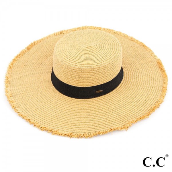 ST-3007 Frayed edge wide brim straw hat with glitter ribbon