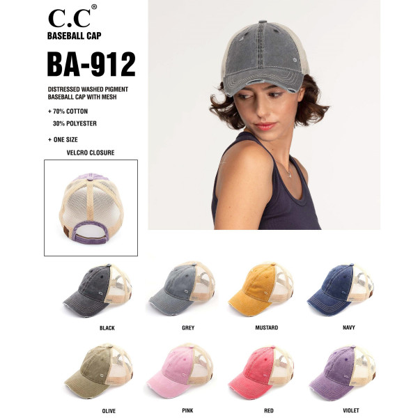 C.C. BA-912
Vintage Distressed Baseball Cap with Mesh Back
- One size fits most
- Adjustable velcro closure
- 100% Cotton