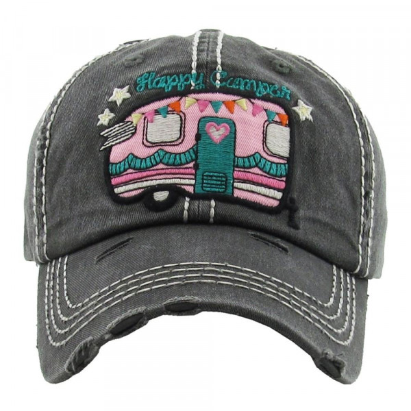 Wholesale vintage distressed baseball cap Happy Camper embroidered detail Cotton