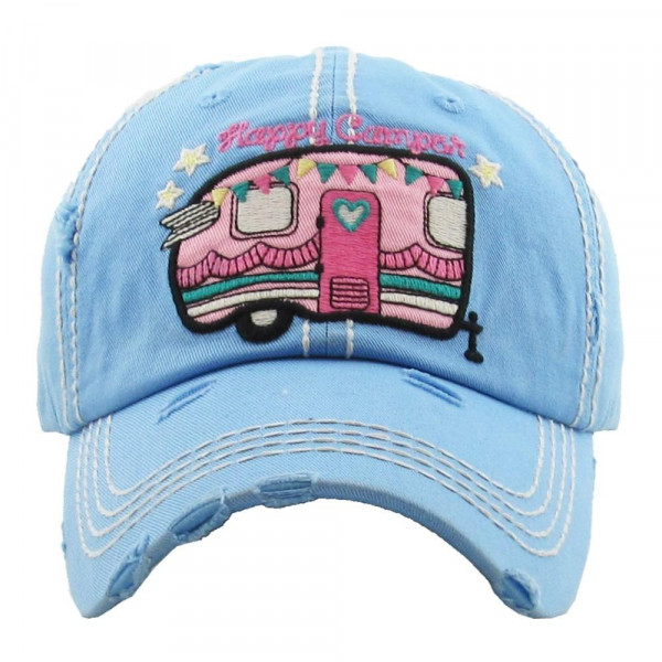 Vintage, distressed baseball cap featuring "Happy Camper" embroidered detail.

- 100% Cotton
- Adjustable velcro closure
- One size fits most