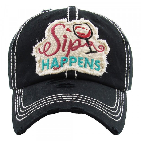 Wholesale vintage distressed baseball cap Sip Happens embroidered detail Cotton