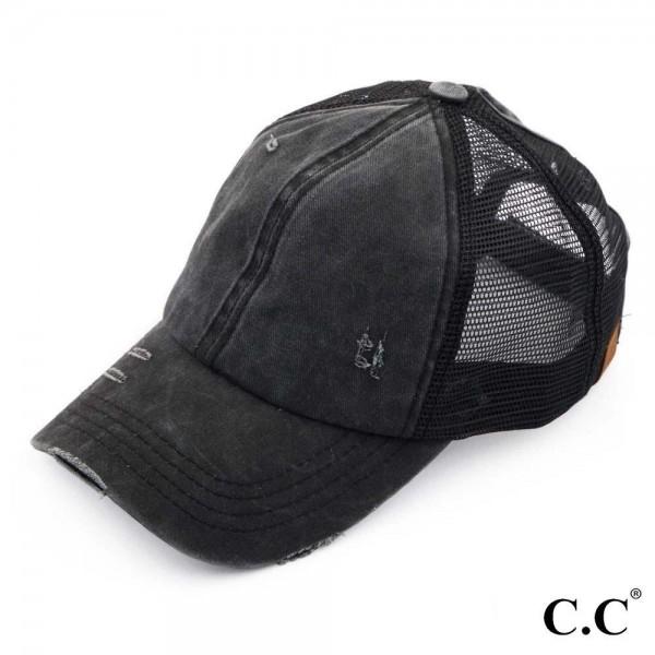 Wholesale c C BT black distressed vintage ponytail cap Mesh back velcro closure