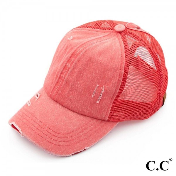 Wholesale c C BT coral distressed vintage ponytail cap Mesh back velcro closure