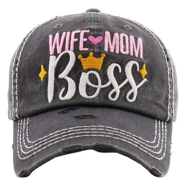 Wholesale vintage distressed baseball cap Wife Mom Boss embroidered details Cott
