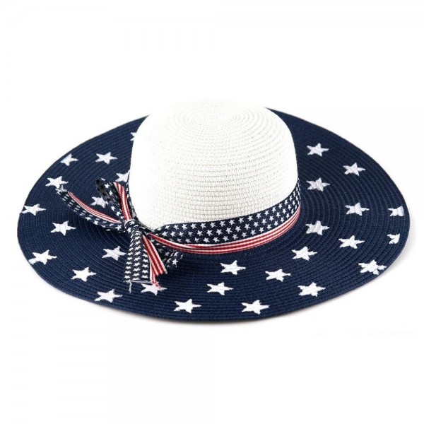 Wide Brim Hat Featuring Stars And Stripes Ribbon 

- One Size Fits Most
- Adjustable Drawstring Inside Hat
- Stars On Top Of Brim
- 55% Paper / 45% Polyester
- Hat Brim Approximately 4.25" W
