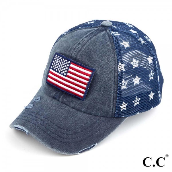 C.C BA-920-FLAG
American Flag Vintage Baseball Cap with Mesh Back and Star Details

- One size fits most
- Adjustable Velcro Closure
- 60% Cotton / 40% Polyester