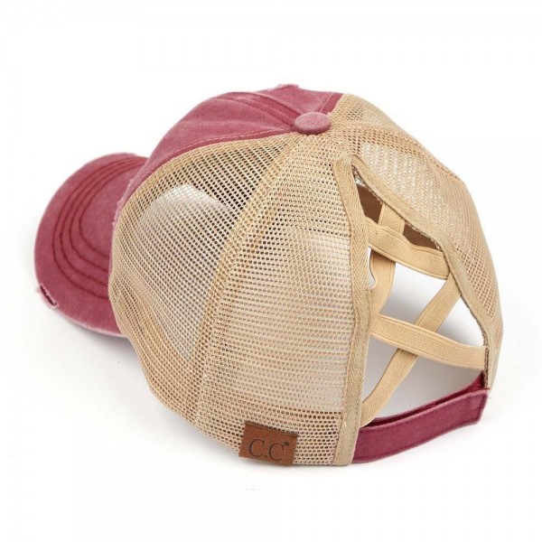 C.C BT-780
Distressed Criss-Cross Pony Cap
- One Size Fits Most
- Criss-Cross Pony Tail Opening 
- Adjustable Velcro Closure
- 60% Cotton 40% Polyester