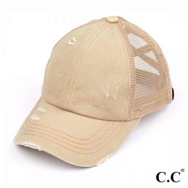 C.C BT-780
Distressed Criss-Cross Pony Cap

- One Size Fits Most
- Criss-Cross Pony Tail Opening 
- Adjustable Velcro Closure
- 60% Cotton 40% Polyester