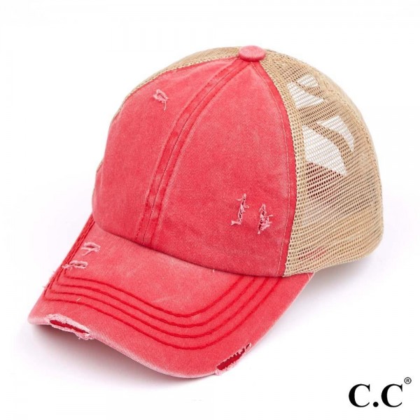 C.C BT-780
Distressed Criss-Cross Pony Cap

- One Size Fits Most
- Criss-Cross Pony Tail Opening 
- Adjustable Velcro Closure
- 60% Cotton 40% Polyester