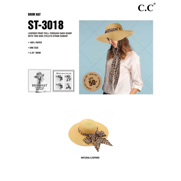 C.C ST-3018
Leopard print pull through sash scarf paper straw wide brim sun hat

- Pull through sash scarf
- Brim approximately 4.5" 
- Inside adjustable drawstring
- One size fits most 
- 100% Paper