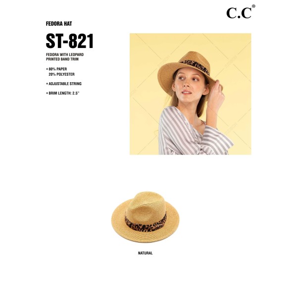 C.C ST-821
Paper Fedora hat with leopard print band

- One size fits most
- Adjustable inside drawstring
- Brim Width 2.5"
- 80% Paper / 20% Polyester
