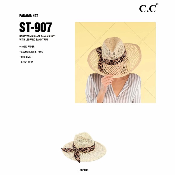 C.C ST-907
Honeycomb Paper Straw Shape Panama Hat with Leopard Print Ribbon 

- Brim approximately 3.75"
- Inside adjustable drawstring
- One size fits most
- 100% Paper