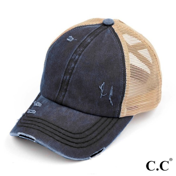 C.C BT-780 Pony Cap
Distressed Criss Cross Pony Cap with Mesh Back 

- One size fits most
- Elastic criss cross ponytail opening 
- Adjustable Velcro Closure
- 60% Cotton / 40% Polyester 