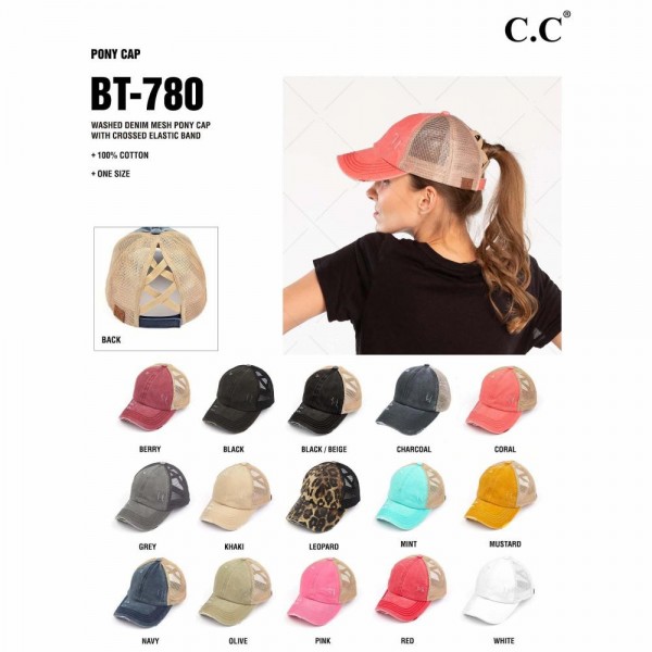 C.C BT-780
Distressed Criss-Cross Pony Cap
- One Size Fits Most
- Criss-Cross Pony Tail Opening 
- Adjustable Velcro Closure
- 60% Cotton 40% Polyester