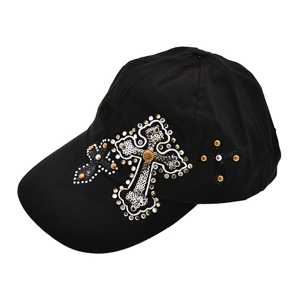Wholesale velcro back black ball cap hat silver cross print crystal clear stones