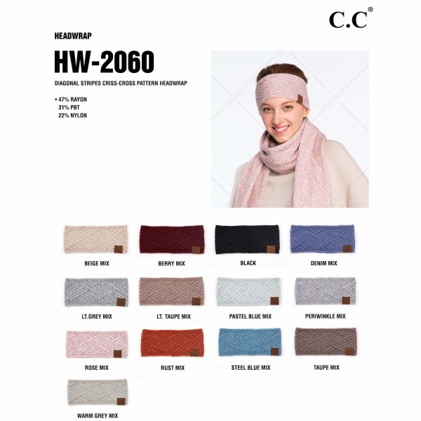 C.C HW-2060
Diagonal Stripe Criss-Cross Knit Pattern Head Wrap.
- One size fits most
- 47% Rayon / 31% PBT / 22% Nylon