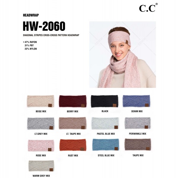 C.C HW-2060
Diagonal Stripe Criss-Cross Knit Pattern Head Wrap.
- One size fits most
- 47% Rayon / 31% PBT / 22% Nylon
