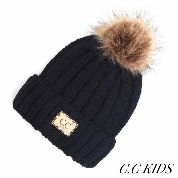 C.C KIDS-2031
Kids Cable Ribbed Knit Pom Beanie with Natural Faux Fur.

- One size fits most
- 100% Acrylic 