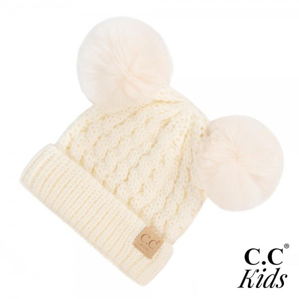 C.C KIDS-2055-S 
Kids Solid Cable Knit Double Pom Beanie.

- One size fits most
- 100% Acrylic 
- POM: 100% Faux Fur