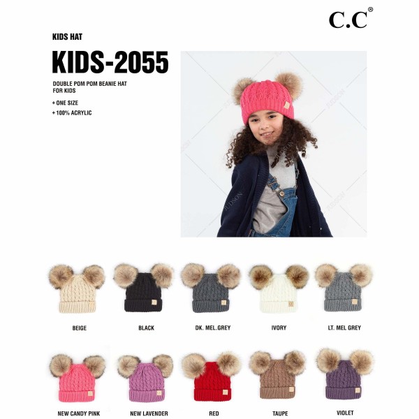 C.C KIDS-2055
Kids Cable Knit Double Faux Fur Pom Beanie.
- One size fits most
- 100% Acrylic