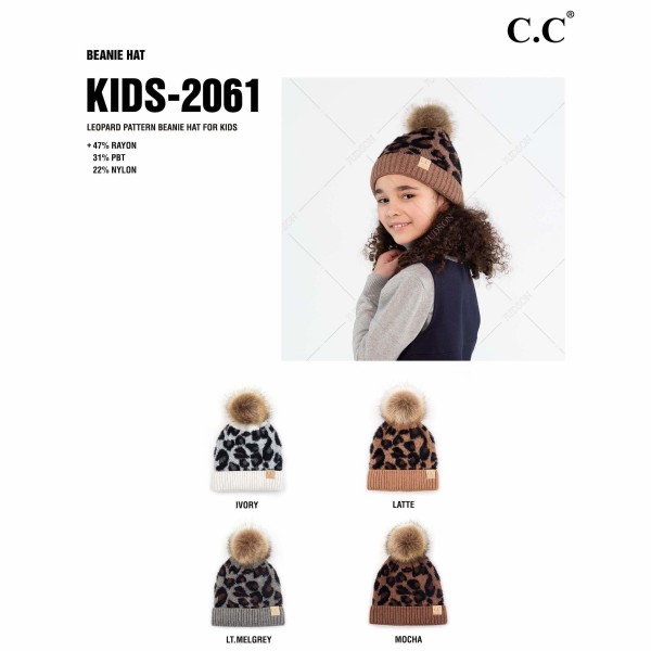 C.C KIDS-2061
Kids Leopard Print Faux Fur Pom Beanie.
- One size fits most
- 47% Rayon / 31% PBT / 22% Nylon
