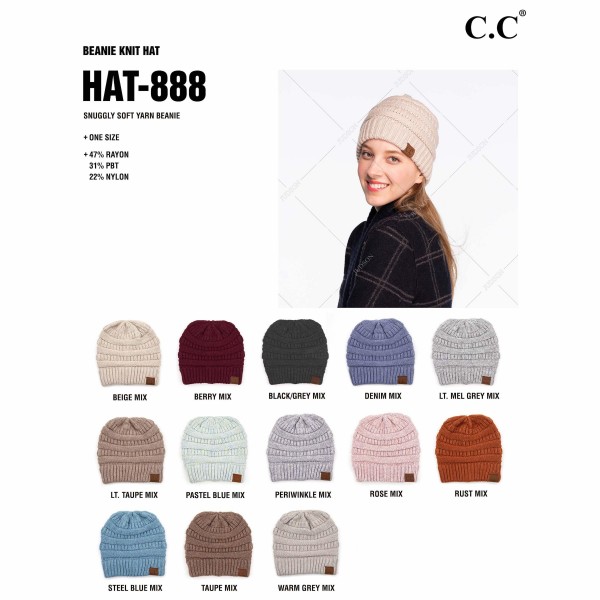 C.C HAT-888
Snuggly Soft Yarn Knit Beanie.
- One size fits most
- 47% Rayon / 31% PBT / 22% Nylon