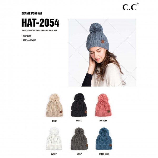 C.C HAT-2054
Twisted Mock Cable Knit Pom Beanie.
- One size fits most 
- 100% Acrylic