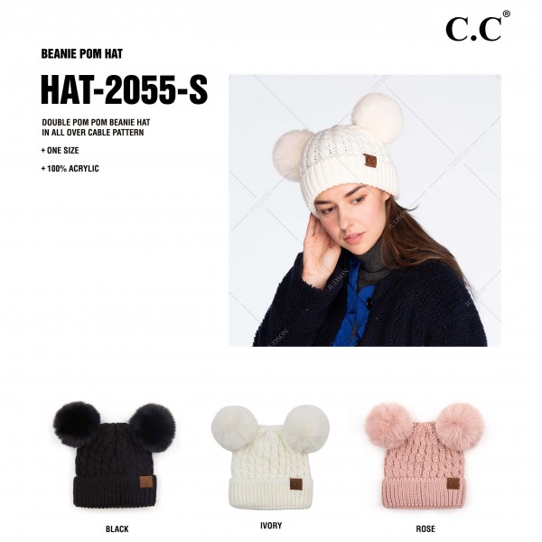 C.C HAT-2055-S 
Cable Knit Pattern Solid Color Double Pom Beanie.
- One size fits most
- 100% Acrylic