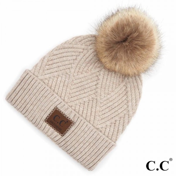 C.C HAT-2060
Diagonal Stripe Knit Pattern Pom Beanie with C.C Brand Leather Patch.

- One size fits most 
- 47% Rayon / 31% PBT / 22% Nylon 
- POM: 100% Faux Fur