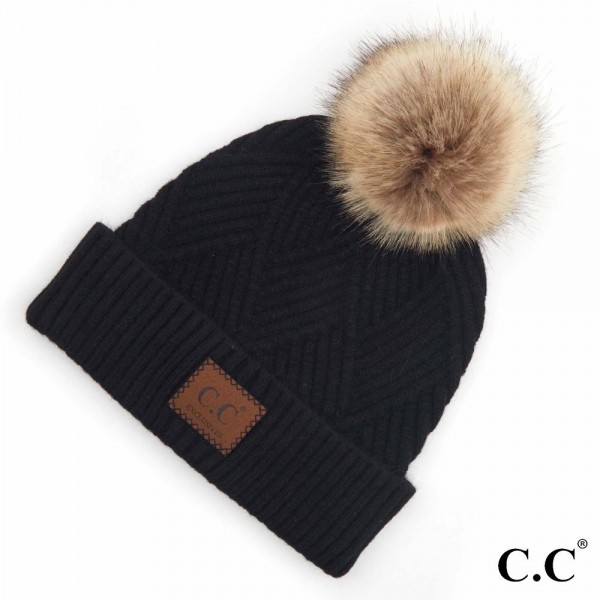 C.C HAT-2060
Diagonal Stripe Knit Pattern Pom Beanie with C.C Brand Leather Patch.

- One size fits most 
- 47% Rayon / 31% PBT / 22% Nylon 
- POM: 100% Faux Fur