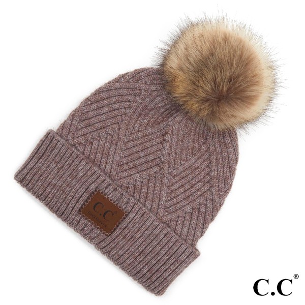 C.C HAT-2060
Diagonal Stripe Knit Pattern Pom Beanie with C.C Brand Leather Patch.

- One size fits most 
- 47% Rayon / 31% PBT / 22% Nylon 
- POM: 100% Faux Fur