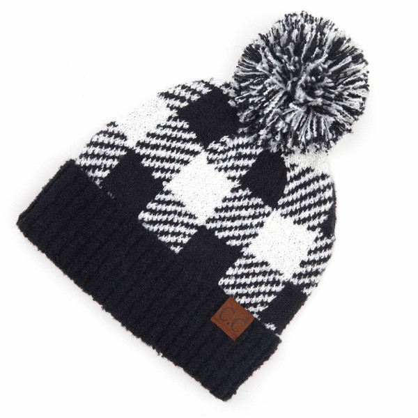 Wholesale c C HAT Buffalo Check Jacquard Knit Pom Beanie One fits most Polyester