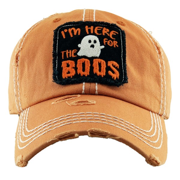 Vintage Distressed Halloween Baseball Cap Featuring I'm Here for the Boos Embroidered Detail.

- One Size Fits Most
- Adjustable Velcro Closure
- 100% Cotton