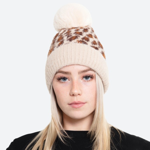 Wholesale fuzzy Knit Faux Fur Lined Leopard Print Pom Beanie One fits most Acryl