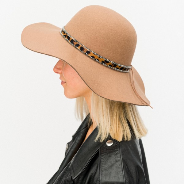 Wide Brim Felt Floppy Hat Featuring Faux Leather Leopard Print