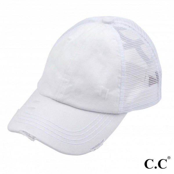 C.C BT-780 Pony Cap
Distressed Criss Cross Pony Cap with Mesh Back 

- One size fits most
- Elastic criss cross ponytail opening 
- Adjustable Velcro Closure
- 60% Cotton / 40% Polyester 