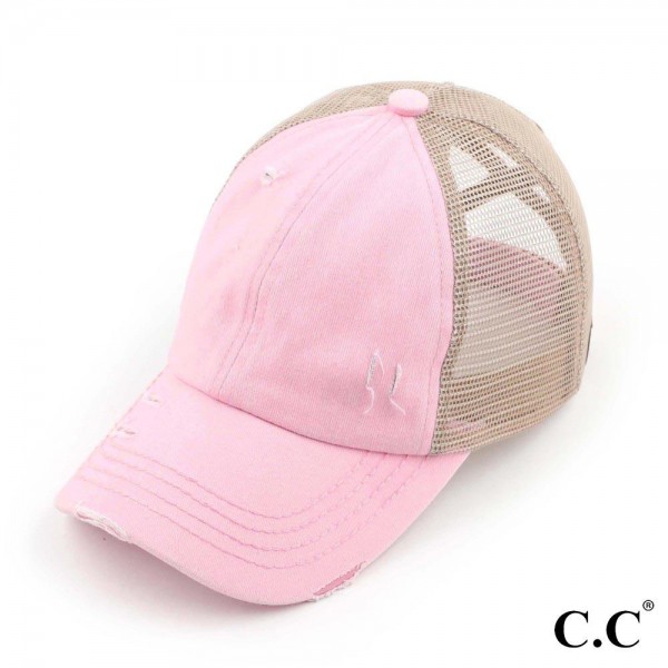 C.C BT-780
Distressed Criss-Cross Pony Cap
- One Size Fits Most
- Criss-Cross Pony Tail Opening 
- Adjustable Velcro Closure
- 60% Cotton 40% Polyester