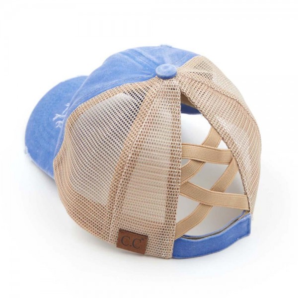 C.C BT-780
Distressed Criss-Cross Pony Cap
- One Size Fits Most
- Criss-Cross Pony Tail Opening 
- Adjustable Velcro Closure
- 60% Cotton 40% Polyester