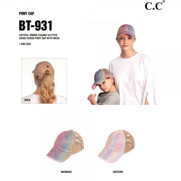C.C BT-931 Glitter Criss-Cross PonyTail Cap with Mesh Back. - Elastic Criss-Cross Back Feature - Can Be Worn Multiple Ways - Adjustable Velcro Closure - One size fits most - 60% Cotton / 40% Polyester view 5