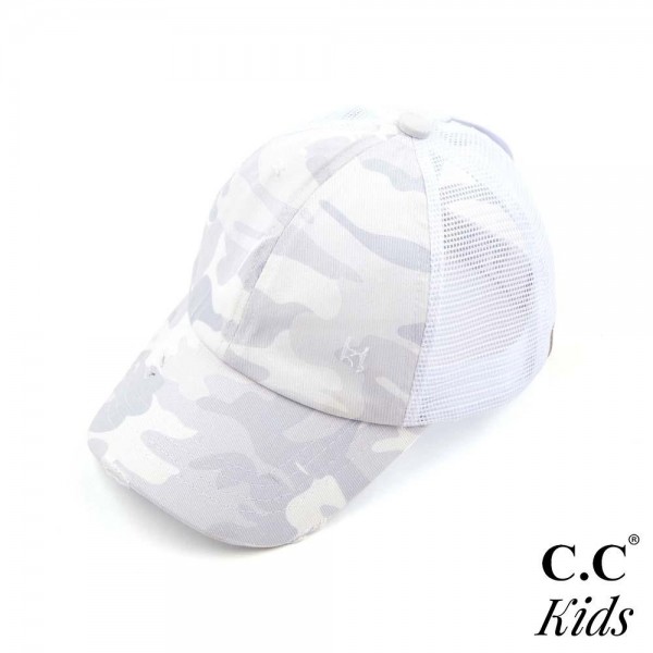 C.C KIDS-BT-783 Vintage Distressed Camouflage Criss-Cross High PonyTail Cap with Mesh Back. 

- Elastic Criss Cross Back Feature 
- Can Be Worn Multiple Ways 
- Adjustable Velcro Closure 
- One size fits most kids 5-11 
- 60% Cotton / 40% Polyester