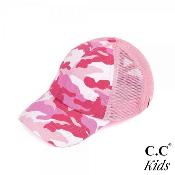 C.C KIDS-BT-783 Vintage Distressed Camouflage Criss-Cross High PonyTail Cap with Mesh Back. 

- Elastic Criss Cross Back Feature 
- Can Be Worn Multiple Ways 
- Adjustable Velcro Closure 
- One size fits most kids 5-11 
- 60% Cotton / 40% Polyester