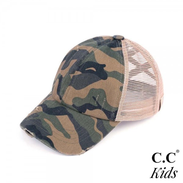 C.C KIDS-BT-783 Vintage Distressed Camouflage Criss-Cross High PonyTail Cap with Mesh Back. 

- Elastic Criss Cross Back Feature 
- Can Be Worn Multiple Ways 
- Adjustable Velcro Closure 
- One size fits most kids 5-11 
- 60% Cotton / 40% Polyester