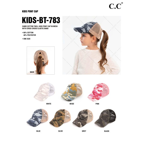 C.C KIDS-BT-783 Vintage Distressed Camouflage Criss-Cross High PonyTail Cap with Mesh Back. - Elastic Criss Cross Back Feature - Can Be Worn Multiple Ways - Adjustable Velcro Closure - One size fits most kids 5-11 - 60% Cotton / 40% Polyester view 5