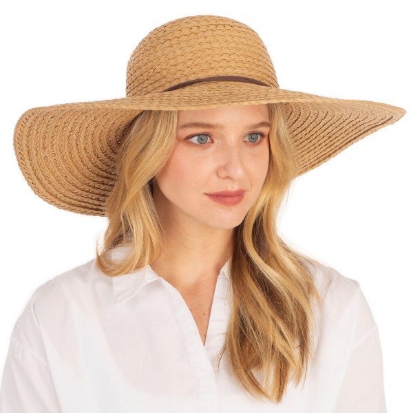 Wholesale brim Straw Beach Hat Leather Band Accent Paper Brim Adjustable Drawst