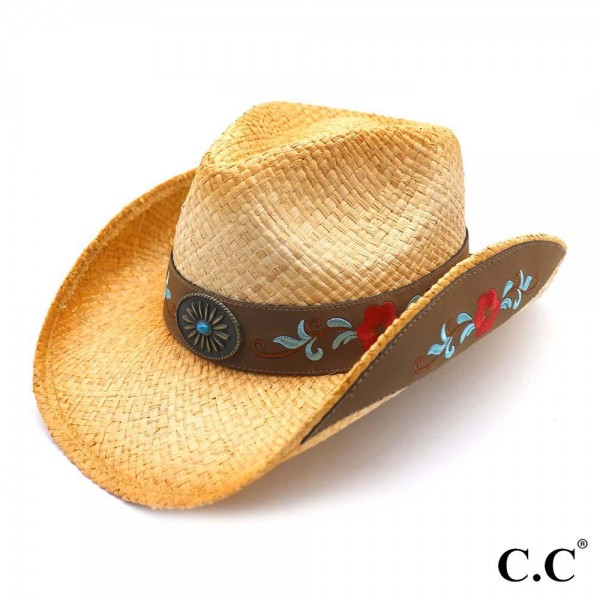 Wholesale tea Stained Raffia Cowboy Hat Leather Trim Embroidery Raffia May Vary