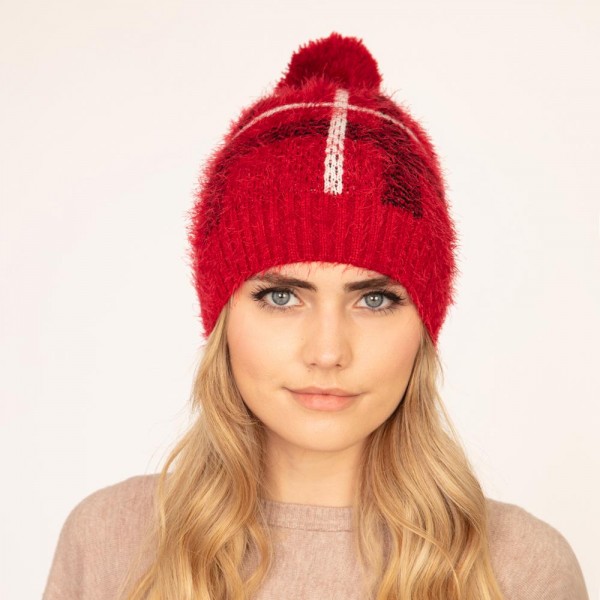 Soft Fuzzy Knit Plaid Beanie With Pom

- One Size Fits Most 
- 100% Polyester