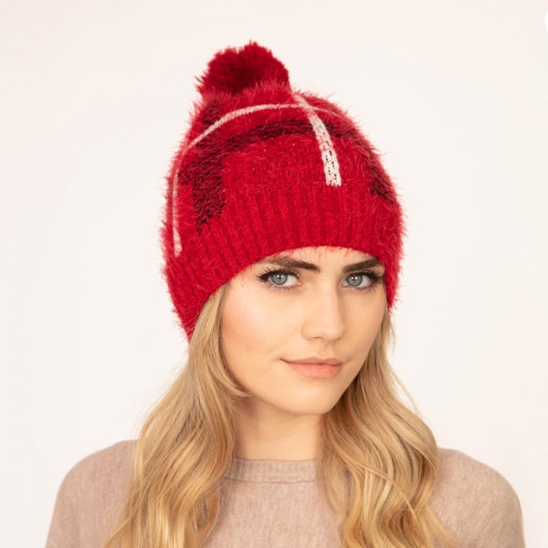 Soft Fuzzy Knit Plaid Beanie With Pom

- One Size Fits Most 
- 100% Polyester