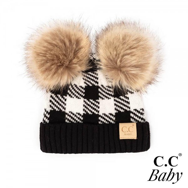 Wholesale c C BABY POMPOM Plaid Knit Baby Beanie Faux Fur Double Poms Rayon PBT